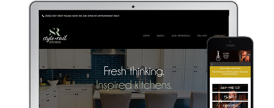 Laptop with a kitchen design website and a mobile phone with a musician's website Desktop and mobile screens